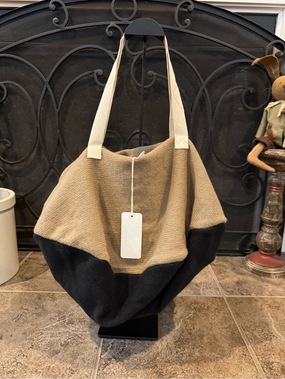 Two-Tone Tan and Black Canvas Shoulder Bag